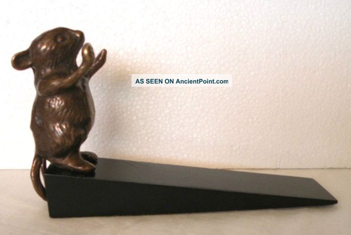 Brass Mouse Figurine Doorstop Black Wooden Wedge Metalware photo