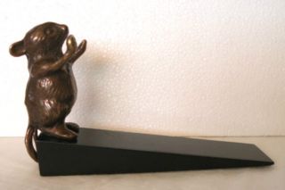Brass Mouse Figurine Doorstop Black Wooden Wedge photo