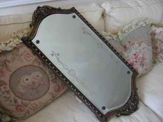 Old Wall Mirror Gesso Detailing Flower Etching On Sides Open Beading photo