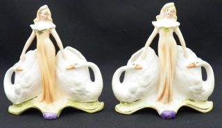 Pair Of Antique Handpainted Bisque Vases Blonde Lady W Swans Numbered photo