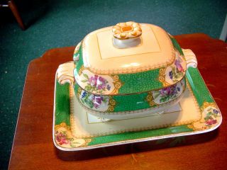 Victorian Maple & Co London Green Gilded W/ Florals Ironstone Sauce Tureen photo