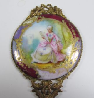 Antique Porcelain And Brass Hand - Painted Signed Hand Mirror With Cherubs photo