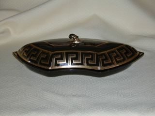 19th C.  Crescent Shaped English Covered Bowl In Brown Glaze W/ Greek Key Motif photo