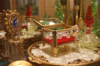 Vintage Jewelry Casket Trinket Box Beveled Glass Red Velvet photo