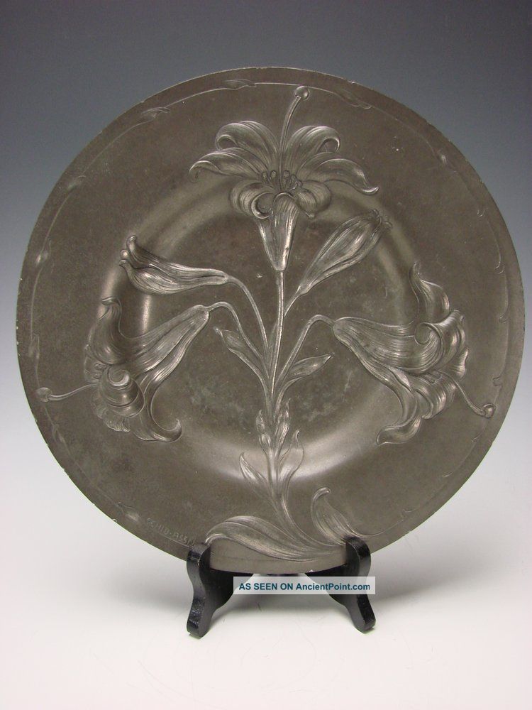 Art Nouveau Continental Pewter Iris Charger Plate Dutch Signed Antique 19c Metalware photo