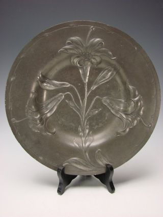 Art Nouveau Continental Pewter Iris Charger Plate Dutch Signed Antique 19c photo