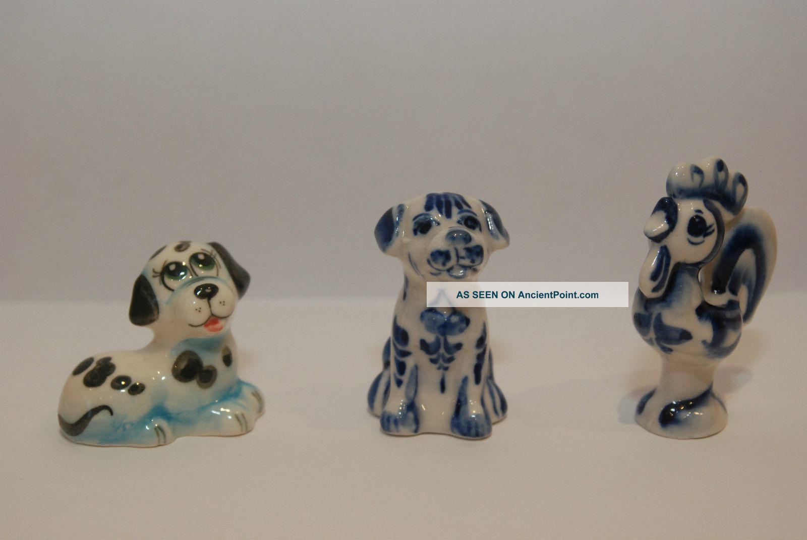 Set Of 3 Gzhel Porcelain Figurines From Russia.  Dogs And Rooster Figurines photo