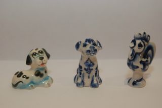 Set Of 3 Gzhel Porcelain Figurines From Russia.  Dogs And Rooster photo
