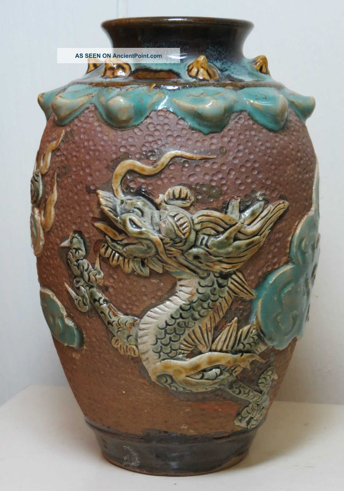 Antique Chinese Vase W/ Dragron Built Onto The Vase Vases photo
