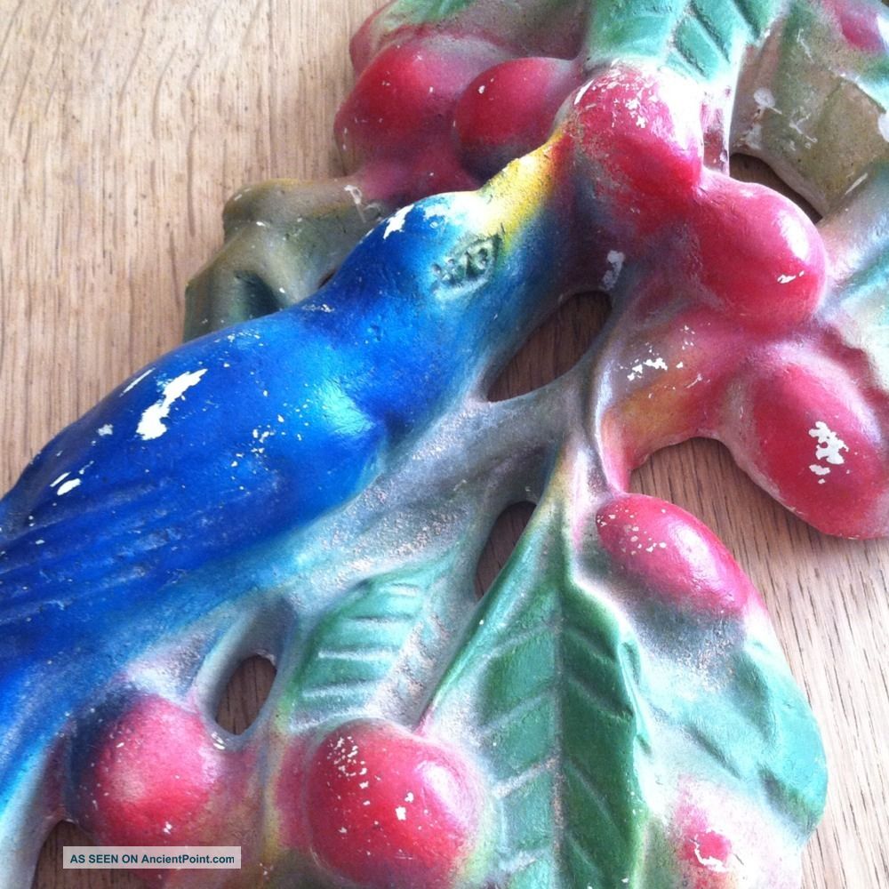 Chalkware Wall Plaque Blue Bird With Cherries Hanging Figurines photo