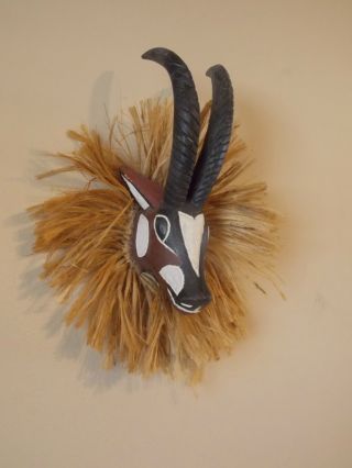 Antelope African Woodcarving Vintage Wall Decor Mask With Straw photo