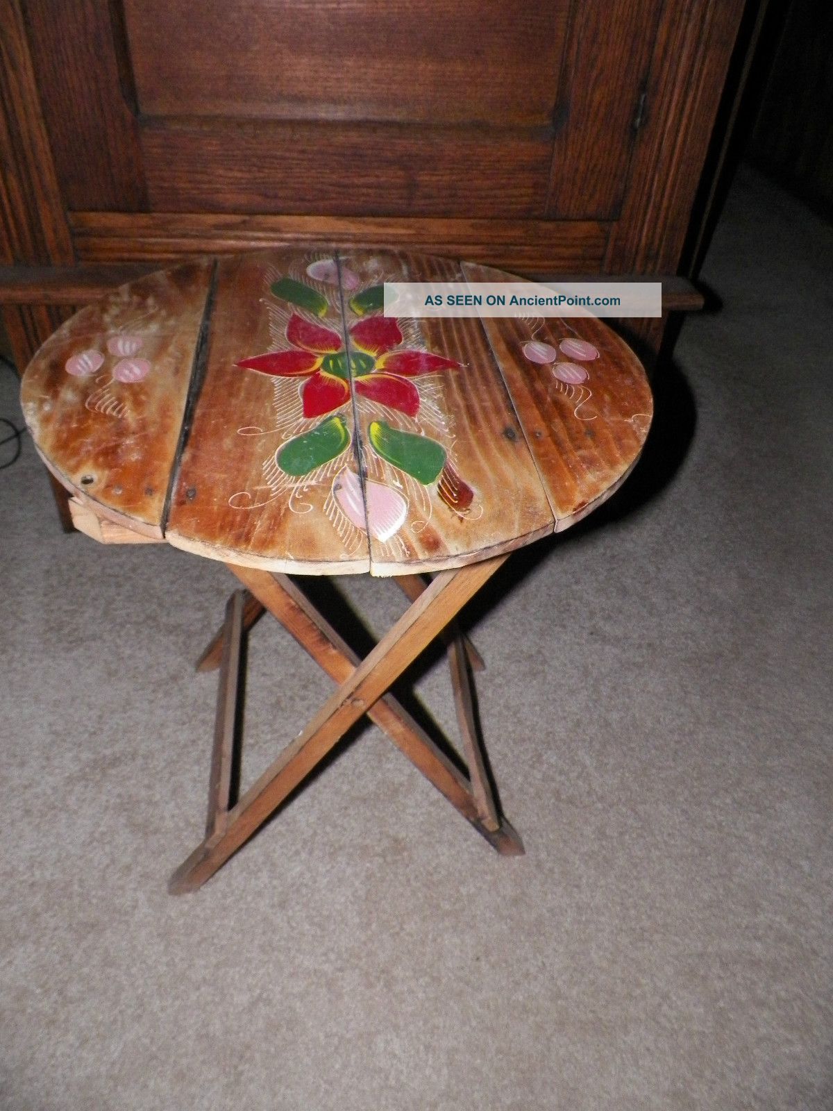 Old Antique Vintage Wooden Folding Tray Side Table Hand Painted Unique Unusual Trays photo