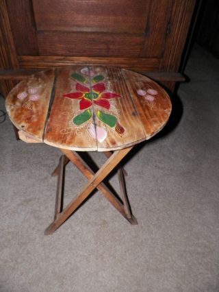 Old Antique Vintage Wooden Folding Tray Side Table Hand Painted Unique Unusual photo