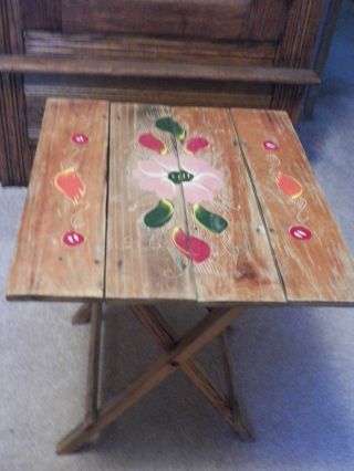 Old Antique Vintage Wooden Folding Tray Side Table Hand Painted Square Unusual photo