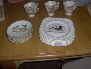 Vintage R M Gould Co 6 Plates 6 Cups 6 Saucers W/ Cars On Them photo