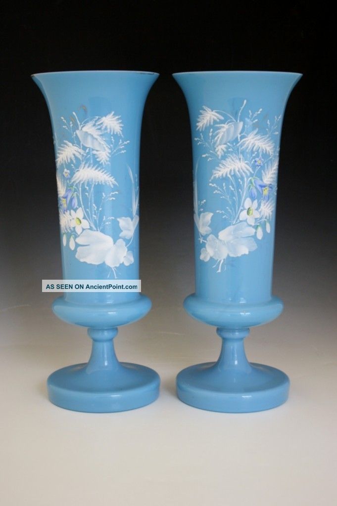 Pair 19c English Robins Egg Blue Bristol Glass Vases W/ Applied Floral Enamel Nr Vases photo