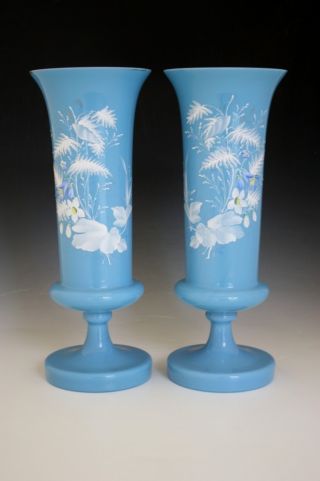Pair 19c English Robins Egg Blue Bristol Glass Vases W/ Applied Floral Enamel Nr photo