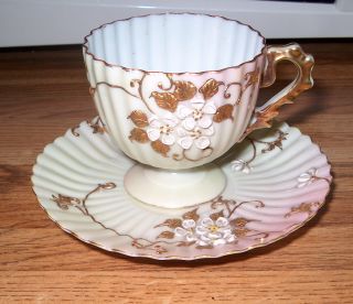 Antique Vintage Hand Painted Demitasse Cup & Saucer,  Heavy Gold,  Fluted,  Mint photo