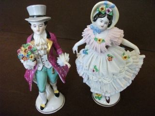Pair Of Vintage Dresden Figurines ' Man With Flowers & Girl Lace Dress 1949 1964 photo