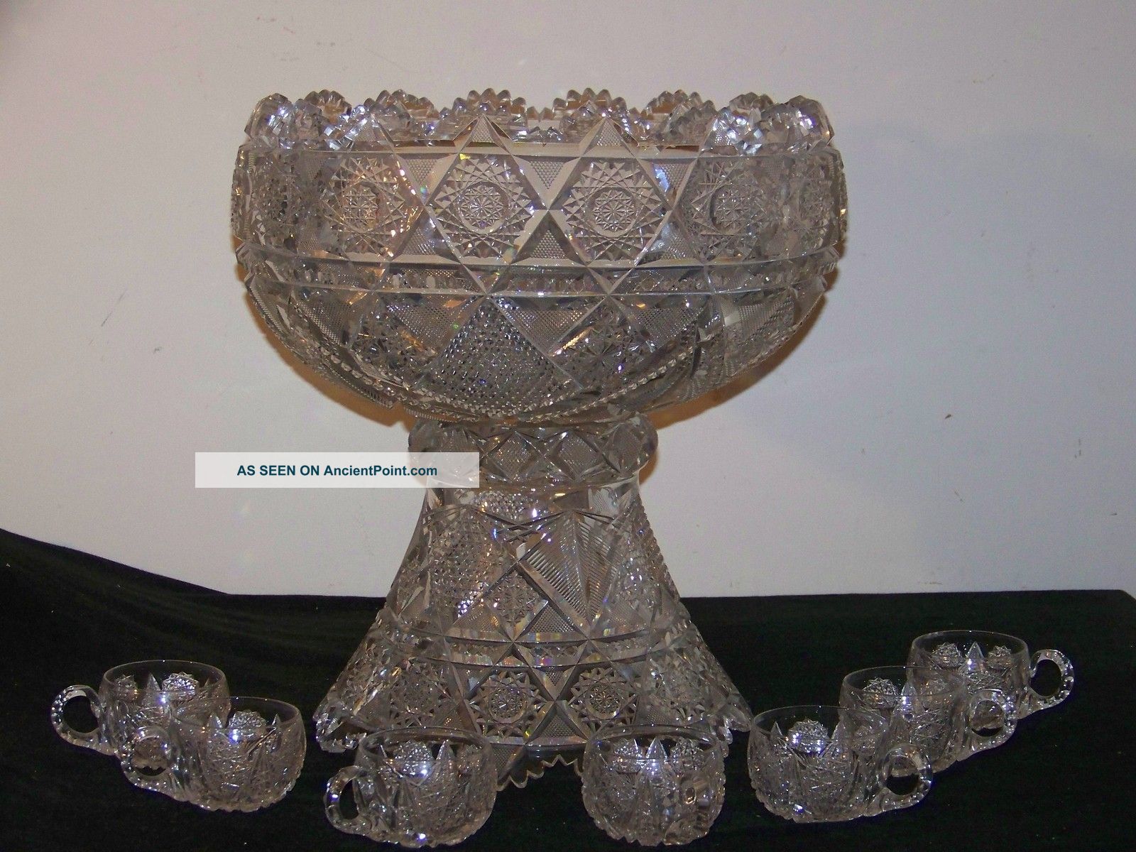 Imperial Sparkling Crystal Glass Punch Bowl W/stand Abp Diamond Pattern Set Bowls photo