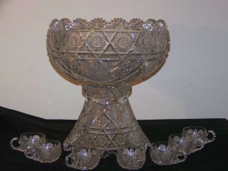 Imperial Sparkling Crystal Glass Punch Bowl W/stand Abp Diamond Pattern Set photo