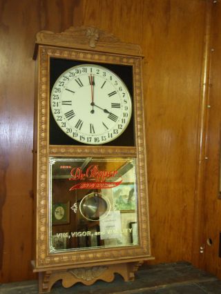 Rare Vintage Oak Dr.  Pepper Pendulum Wall Clock With Advertising Sign photo