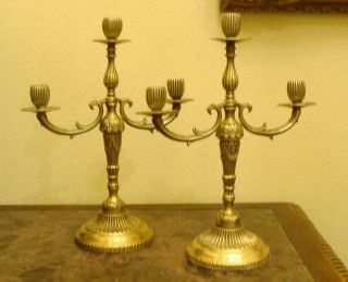 French Antique Pair Of Gilt Bronze Candelabras 3 Arms photo
