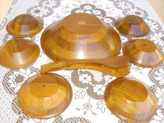 Vintage Vermillion American Walnut Heirloom Salad Bowl Set 9pcs photo