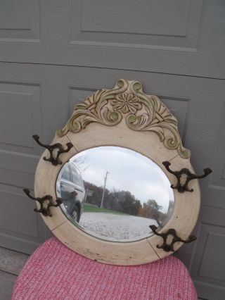 Antique Wood Mirror With 4 Hanging Coat Hooks Beveled Mirror photo