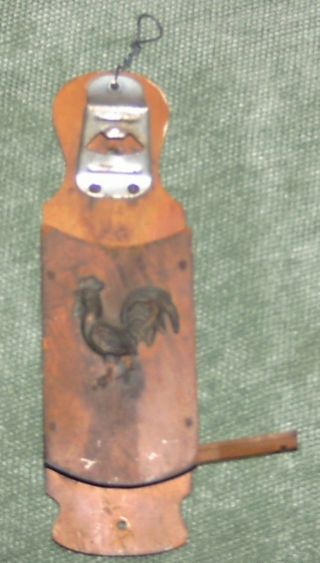 Vintage Wood Victor Goldman Bottle Opener & Cap Holder Raised Metal Rooster photo