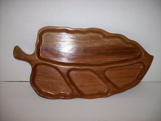 Vintage Mid Century Carved Overton Pecan Wood Leaf Divided Serving Tray photo