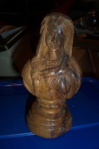 Vintage Olive Wood ? Hand Carved Figurine / Sculpture Bust Woman Folk Art N0 R photo