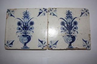 Two Very Rare Delft Tiles With An Image Of A Flowerpot With A Mask Mid 17th Cent photo