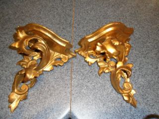 Pair Antique Sconces Ornate Italian Florentine Gold Leaf Gilt Wood Wall Shelves photo