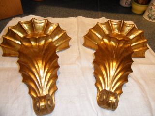 Pair Antique Italian Florentine Gold Leaf Gilt Wood Wall Shelves Sconces Shell photo