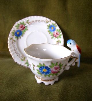 Antique Mini Cup/saucer Set Parrot Handle Hand Painted Vintage Porcelain photo