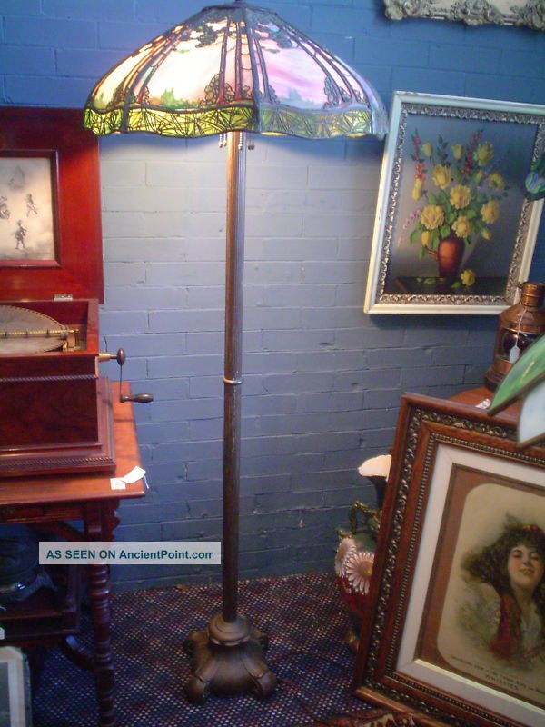 Antq.  Handel Floor Lamp & Metal Overlay Shade Sgnd.  Base Lamps photo