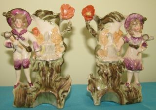 Pair Of German Spill Vases Children With Butterfly Nets Waterfalls photo
