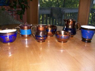 Seven 7 Pieces Copper Luster Lustre Creamer & Sugar Bowls Etc.  Must See photo