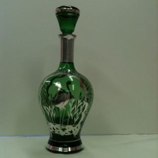 Vintage Marked Sterling Silver Overlay Lovely Old Green Glass Bottle Decanter photo