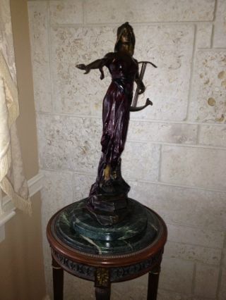 Bronze Statue And Marble Top Wood Pedestal Table - Antique Set photo