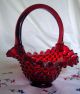 Vtg.  Fenton Red Hobnail Art Glass Basket W/yellow (gold?) Crest & Base - Amberina Bowls photo 10