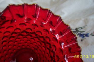 Vtg.  Fenton Red Hobnail Art Glass Basket W/yellow (gold?) Crest & Base - Amberina photo