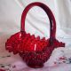 Vtg.  Fenton Red Hobnail Art Glass Basket W/yellow (gold?) Crest & Base - Amberina Bowls photo 3