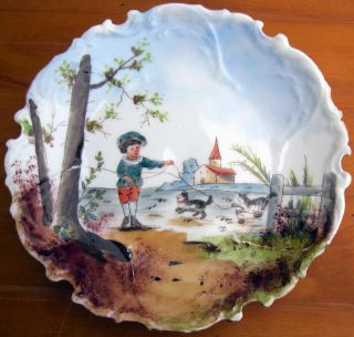C1900 Antique Limoges Wall Plaque Porcelain China Plate Boy Plays With Kittens photo