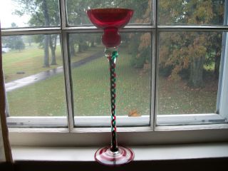 Vintage Blown Colored Art Glass Long Stemmed Wine Glass Christmas Colors 16 Tall photo