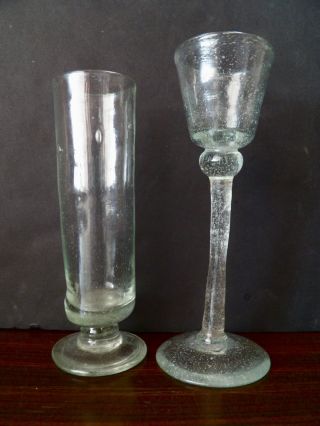 Antique 18th Century ? Hand Blown Glass Wine Goblets Crude Primitive Fizzy photo