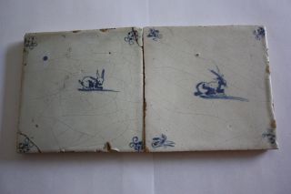Two Delft Tiles With An Image Of A Male Goat And A Rabbit,  Around 1700. photo