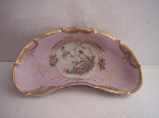 Vintage 1945 Handpaint Pink Bisque Gold Moriage Bone Dish Cupid Victorian Lady photo