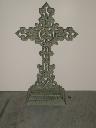Vintage Small Gothic Cross Statue - Metal On Stand - Garden - Outdoor - Nr photo